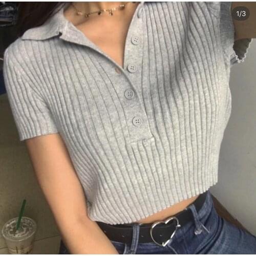 Woman ribber knitwear crop polo button short sleeve cropped sweater cardigan