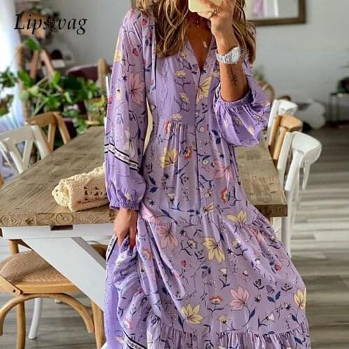 Casual Floral Print Loose Dress 2021 Elegant Lantern Sleeve Party Maxi Dress Women Sexy Button V Neck Ruffle Long Dress Vestido