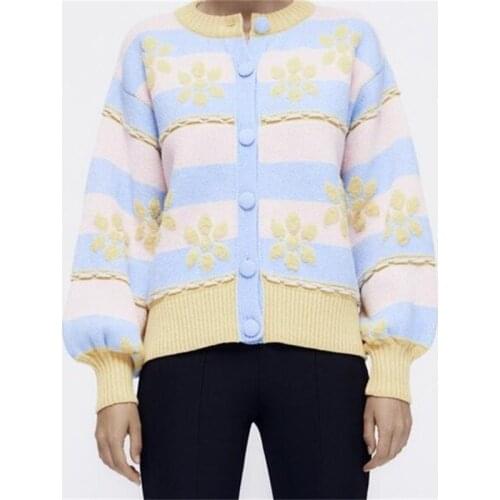 ZXQJ Women 2021 Fashion Floral Jacquard Loose Knit Cardigan Sweater Vintage Long Sleeve Button-up Female Outerwear Chic Tops