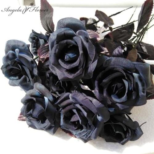 10pcs/Lot Black Rose Dahlia Artificial Bouquets Room Home Interior Decoration Wedding Flower Arrangement Accessories Photo Props
