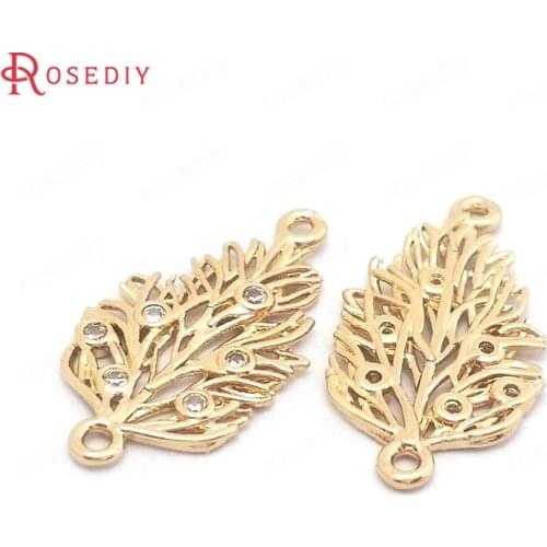 39589)10PCS 13x24MM 24K Gold Color Brass and Zircon 2 Holes Maple Leaf Leaves Connect Charms Pendants Jewelry Making Supplies