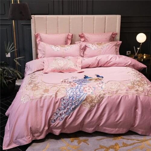 Premium Luxury 120S Egyptian cotton Embroidered Bedding set Queen King Pink Peacock Duvet cover Bed sheet set Pillowcase 4/6pcs