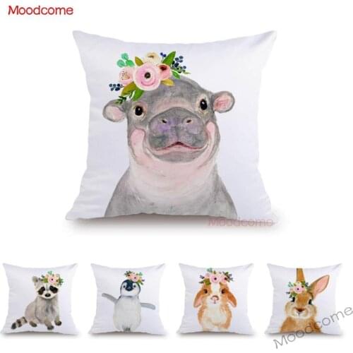 Floral Baby Animals Penguin Giraffe Hippo Bunny Zebra Watercolor Sofa Velvet Throw Pillow Case Lovely Cute Kids Cushion Cover