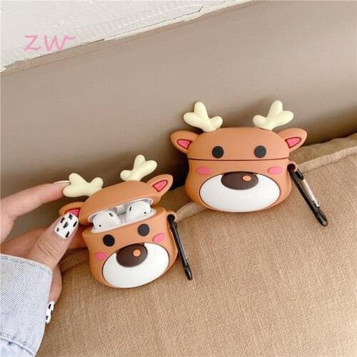 Cute Cartoon Christmas Elk Deer Animal 3D Case For Airpods 1 2 Pro Soft Silicone Case Wireless Bluetooth Headset Protect Cover