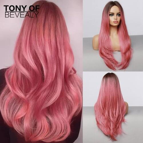 Long Wavy Brown to Pink Ombre Hair Wigs Middle Part Heat Resistant Synthetic Wigs for Afro Women Cosplay Payty Natural Wigs