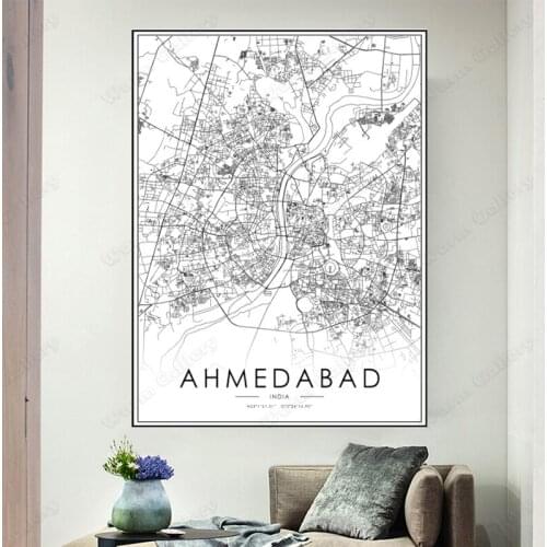 Ahmedabad Map Black White Canvas Painting Poster Art Picture India City Street Road Modern Nordic Wall Decoration Home Decor