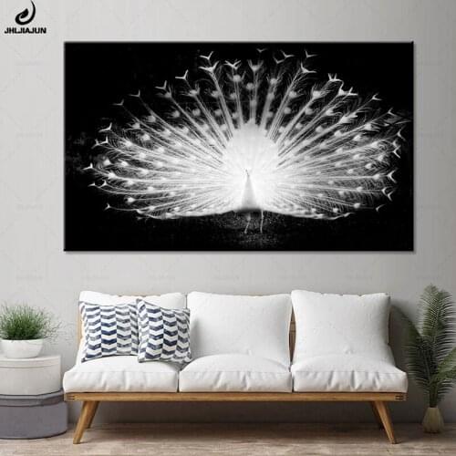 JHLJIAJUN Canvas Painting White Peacock Animals Black White Prints And Posters Home Decor Natural Realist Wall Art No Frame