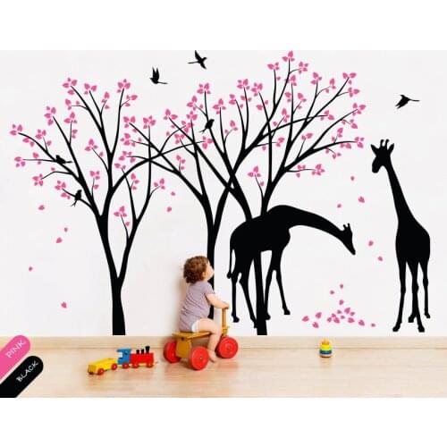 Pretty Two Giraffe Beautiful Trees Vinyl Wall Sticker Nuesery Kids Bedroom Playroom Cute Decor Trees With Birds Art Mural T-14