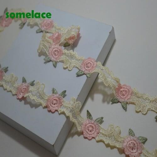 5yds 4cm wide light yellow ribbon pink mixed floral venice lace trim for garments and wedding decoration
