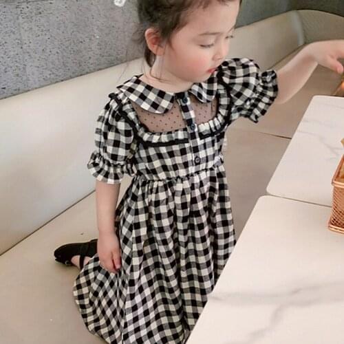 Summer Baby Girls' Knee Length Lace Dress Lapel Plaid Puff Sleeve Gauze Hollowed-out Princess Dress