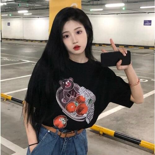 Harajuku Summer Plus Size Outfit Bear Print Anime Women Kawaii Streetwear Plus Fashion Tops Looser Short-sleeved Female
