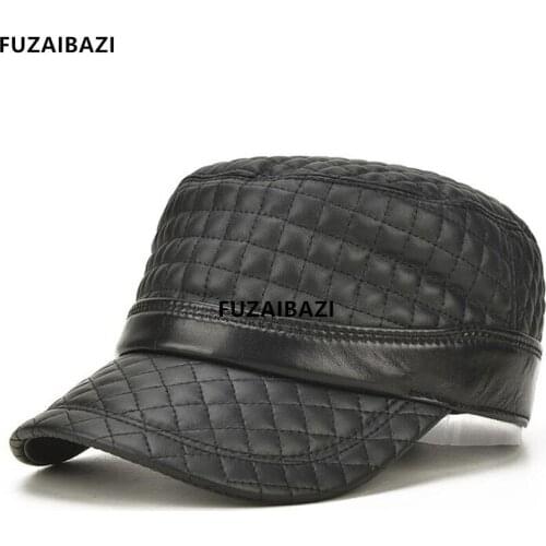 FUZAIBAZI New Style Mens Flat Cap Genuine Leather Hat Autumn Thin Sheepskin Fashion Military Hats Adjustable Size Brands Caps