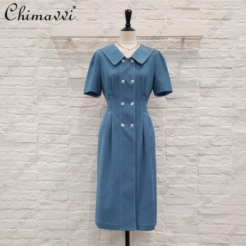 2021 Summer New Doll Collar Solid Color Dress for Women Slimming Waist Sweet Preppy Style Dress Female Short Sleeve Dress
