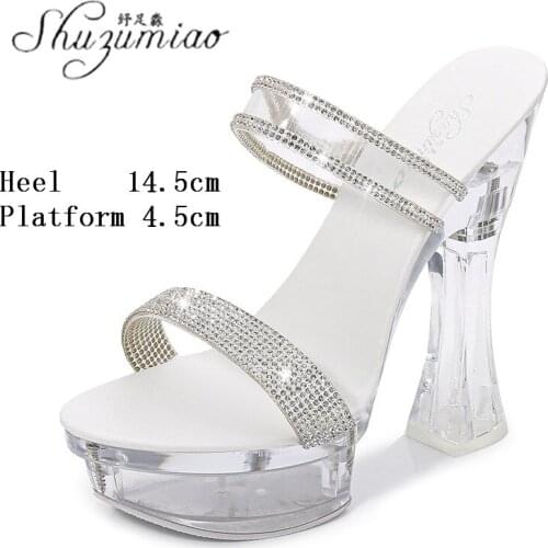 Summer 2021New Rhinestone 14 CM Flowers Crystal Womens Shoes Platform Super High Heel Slippers Sexy Catwalk Nightclub Flip Flop