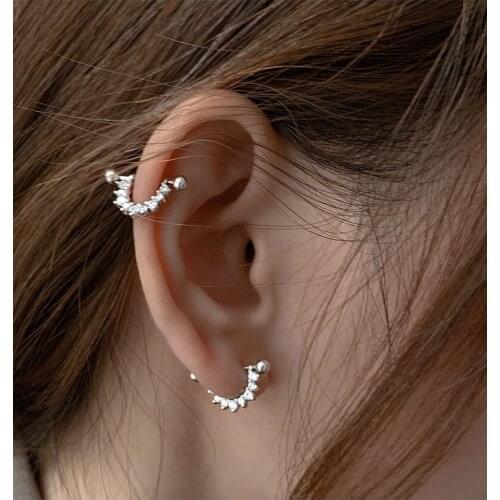 New Removable Ear Stud Women Silver Color Crystal Zircon Geometric Semicircle Triangle Screw Hoop Earring Handmade Jewelry