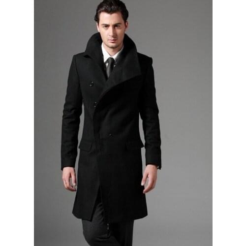 Autumn woolen coats mens black slim mens pea coat woolen clothes Covered button fashion handsome coats cashmere plus size 3XL