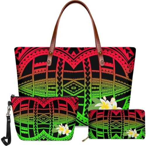Polynesian Strips Handbag Set Tribal Hibiscus Women Shoulder Bag 3 Pcs Hawaiian Fashion Composite Bags Pu Leather Handbag 2021