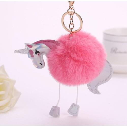 DROPSHIPPING Unicorn Faux Rabbit Fur Ball Pom Pom Keychain Kids Doll Toys for Girls Birthday Christmas Gift Unicorn Pendant