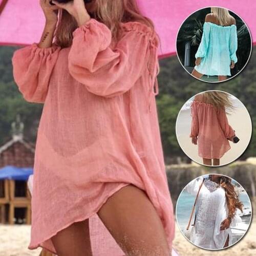 Sexy Womne’s Bikini Sun Protection Shirt Summer Vacation One-Shoulder Beach Cover Up Dress Mesh Loose Long Blouse Female Tops