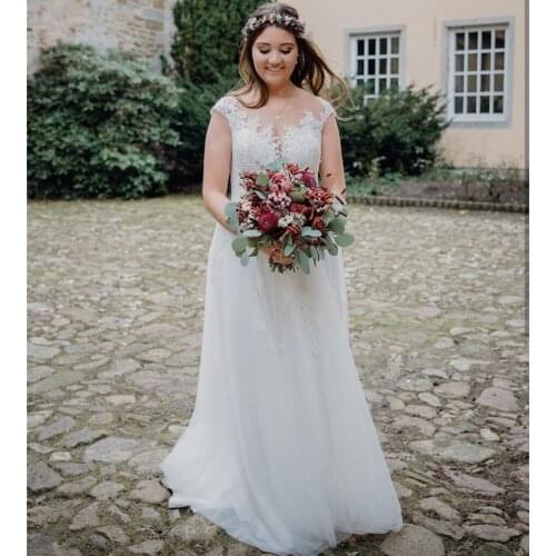 Wedding Dress A-Line Sheer Neck Cap Sleeve Button Lace Appliques Sequined Floor Length Sweep Train Bride Gown Tailor Made New