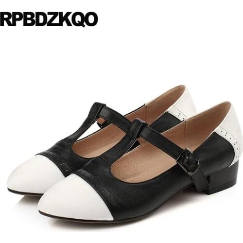 Pointed Brogue Shoes Thick T Bar Strap Japanese Genuine Leather Brown Low Heels Multi Colored Oxford Big Size Women Pumps 2018