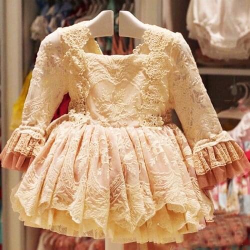 Spring Summer Baby Girl Pink Beige Lace Embroidered Palace Spanish Vintage Lolita Princess Dress for Eid Birthday Easter Party