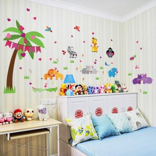 Cartoon animal world Giraffe wall sticker Vinyl DIY Lion elephant zebra wall decals For Childrens room bedroom decor sticker