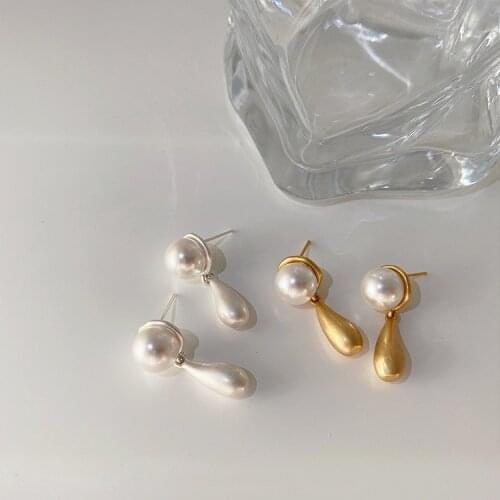 Japan Matte Water Drop Metal Pearl Earrings Women Personality sSimple and Versatile Temperament Earrings Jewelry