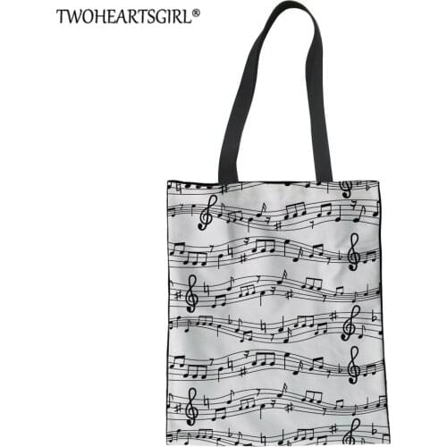 Twoheartsgirl Casual Shoulder Shopping Music Note Printed Hand Bag for Women Canvas Tote Bag Reusable ECO Shopper Bags