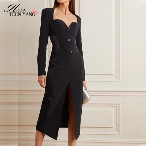 Women Vintage Sexy V Neck Black Split Dress Patchwork Gothic Women High Waist Bodycon Midi Dress Elegant Long Sleeves Vestidos