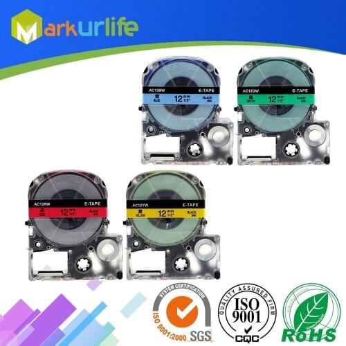 4 PCS/Lot Cassette Tape for EPSON LW-300 LW-400 LW-600P LW-700 LC-4WBN9 Printer 12mm x 8m, Black on Red/Green/Blue/Yellow