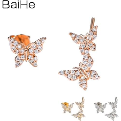 BAIHE Solid 14K White/Yellow/Rose Gold Butterfly Diamond Asymmetrical Earrings Small Fresh Hook Earrings Ladies Cерьги Cережки