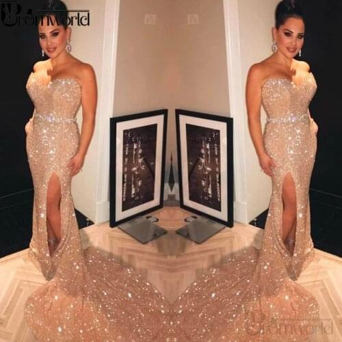 Sparkle Gold Evening Dresses Long 2020 Sweetheart Beading Belt Sequin Leg Slit Sexy Mermaid Prom Dress vestidos de gala