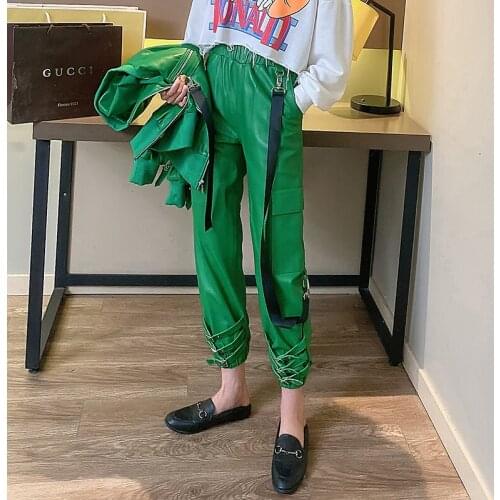 Genuine Sheepskin Leather Pants for Women Spring Autumn2021 Female High Waist Harem Pant Womens Trousers Ropa De Mujer Zjt2162