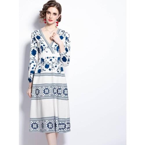Floral Print Summer Dress V-Neck Long Sleeve Vintage Party Dress High Waist Loose Office Lady Runway Dress Plus Size k2050