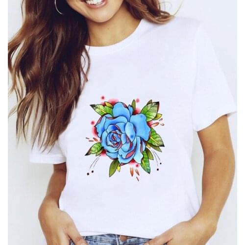 Women Graphic Watercolor Flower Short Sleeve Trend Fashion Summer Spring Lady Clothes Tops Tees Print Female Tshirt T-Shirt