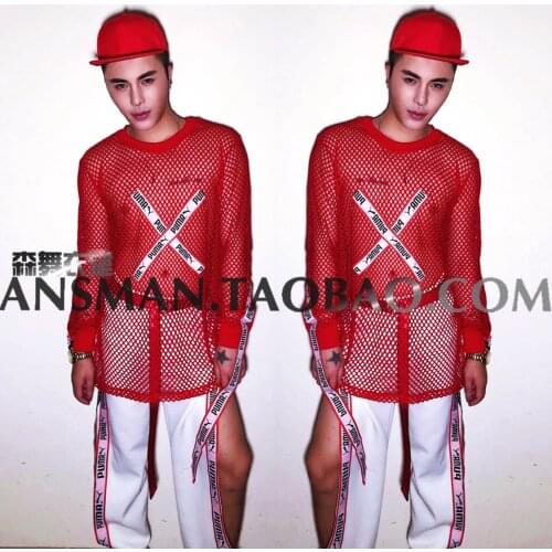 GOGO bar nightclub ds male singer red party hip-hop street fashion brand hollow sweater split performance costume suit carnival