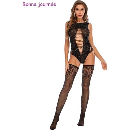 Babydoll Lingerie Shiny Rhinestone Bodysuit Hollow See Through Sexy Underwear for Plus Size Women Exotic Stripper Dancewear