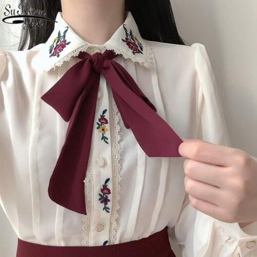 Korean Chic Spring Women Gorgeous Blouse Turn-Down Collar Floral Embroidery Chiffon Blusas Vintage Elegant Bow Lady Shirt 13648