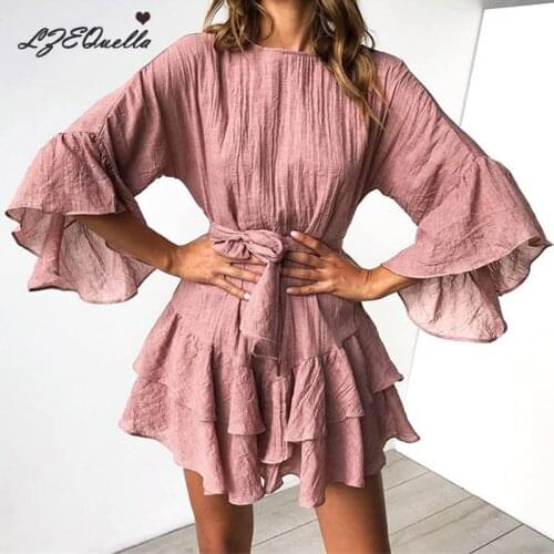 LZEQuella Summer Long Sleeve Sashes Dress Women Ruffles Pleated Short Mini Dress Pink Elegant Holiday Loose Beach Sundress NZ969