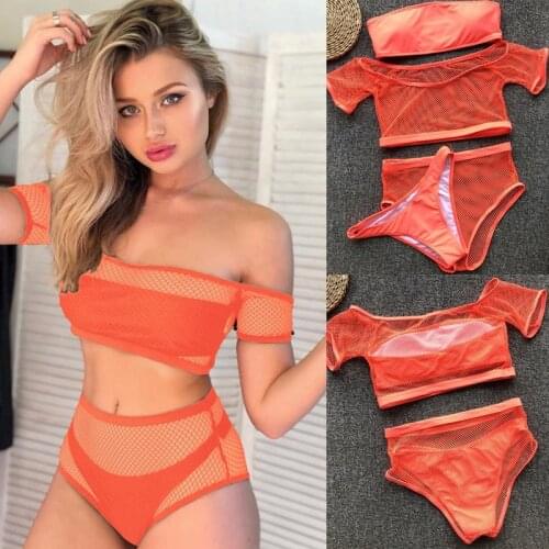 Hot kf-Womens Sexy Mesh Ladies Split Swimsuit Four Piece Set Orange