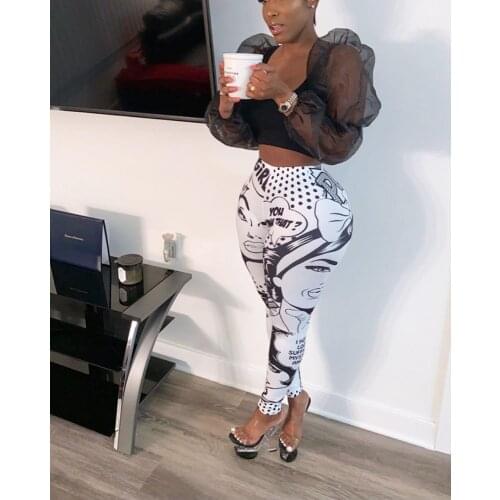 AHVIT Printed Fashion New Style Skinny Party Women Pants Slim Fit Elastic Waist Nightclub Long Pants ALS112