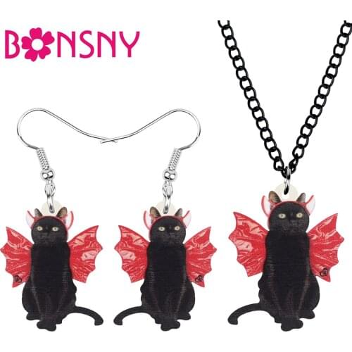 Bonsny Acrylic Halloween Cat Jewelry Sets Print Long Cute Kitten Animal Necklace Earrings For Women Girl Fashion Gift Decoration