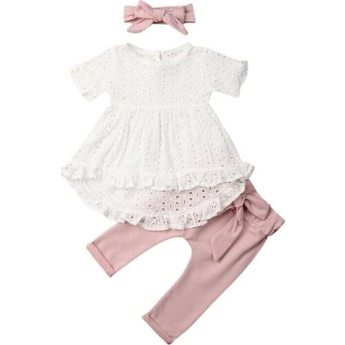 Newborn Baby Girl Clothes Solid Color Lace Flower Ruffle Tops Long Pants Headband 3Pcs Outfits Cotton Casual Clothes Set
