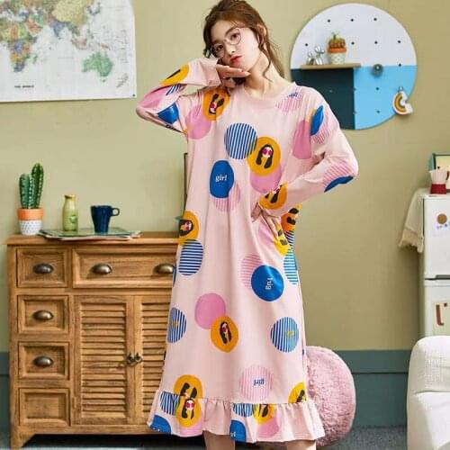 Autumn nightdress womens combed cotton long-sleeved loose plus size long dress can be worn outside ladies' home wear pajamas