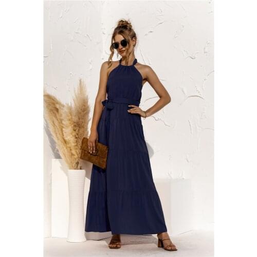 Summer Solid Halter Sleeveless Women Dress 2021 Fashion New Casual Sashes Ruffles Dress Ladies Long Vintage Dress Vestidos