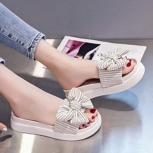 Womens Slippers 2021 Summer New Fashion Bowknot Flip-Flops Womens Sandals Thick Bottom for Outdoors Beach Shoes
