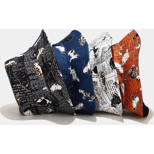 Unisex Korean Cute Cat Pattern Printing Double-sided Fisherman Hat Women Tide Outdoor All-match Sun Hat Spring Summer Basin Cap