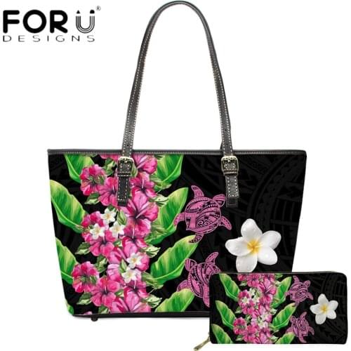 FORUDESIGNS Hawaii Flower With Poly Sea Turtle Pattern Printing 2pcs Luxury Leather Shoulder Bag And Purse For Women Sac Mujer