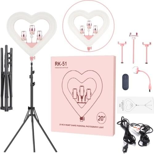 LED Selfie Ring Light 65W 5500K Studio Photography Photo Fill Ring Light heart shape with Tripod Makeup ring light 18 inch